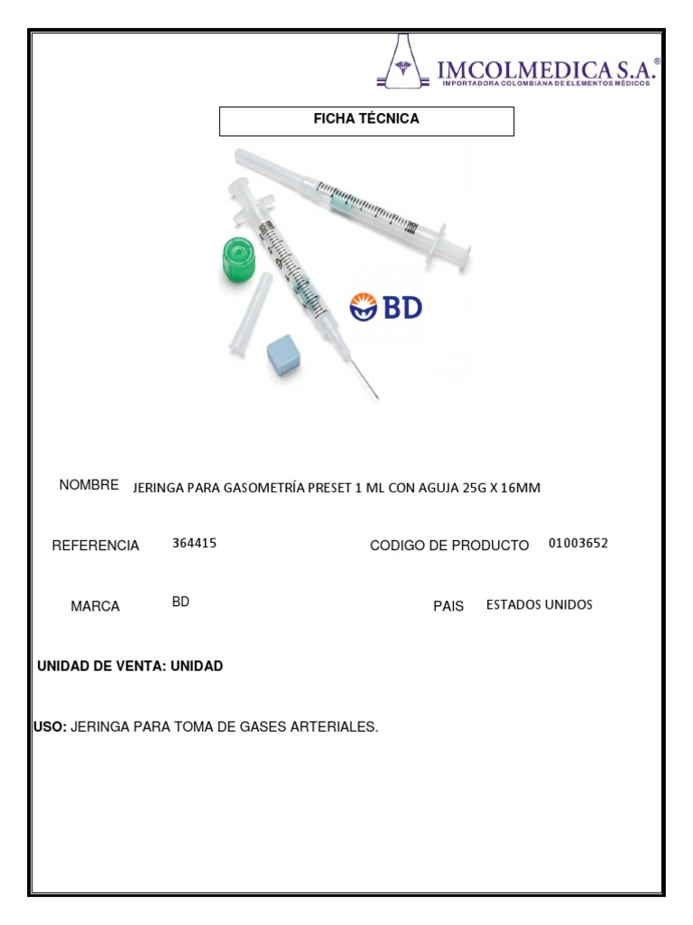 Jeringa para Toma de Gases Arteriales 25G X 16MM PDF