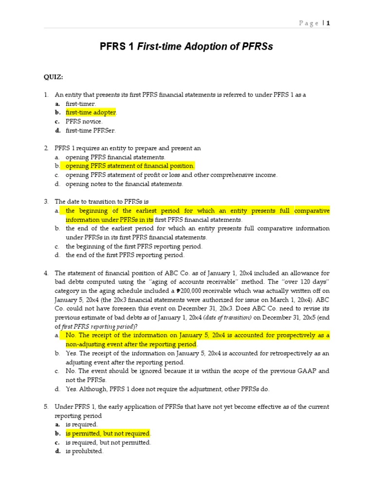 QUIZ - PFRS 1 - FIRST TIME ADOPTION OF PFRSs | PDF | Financial ...