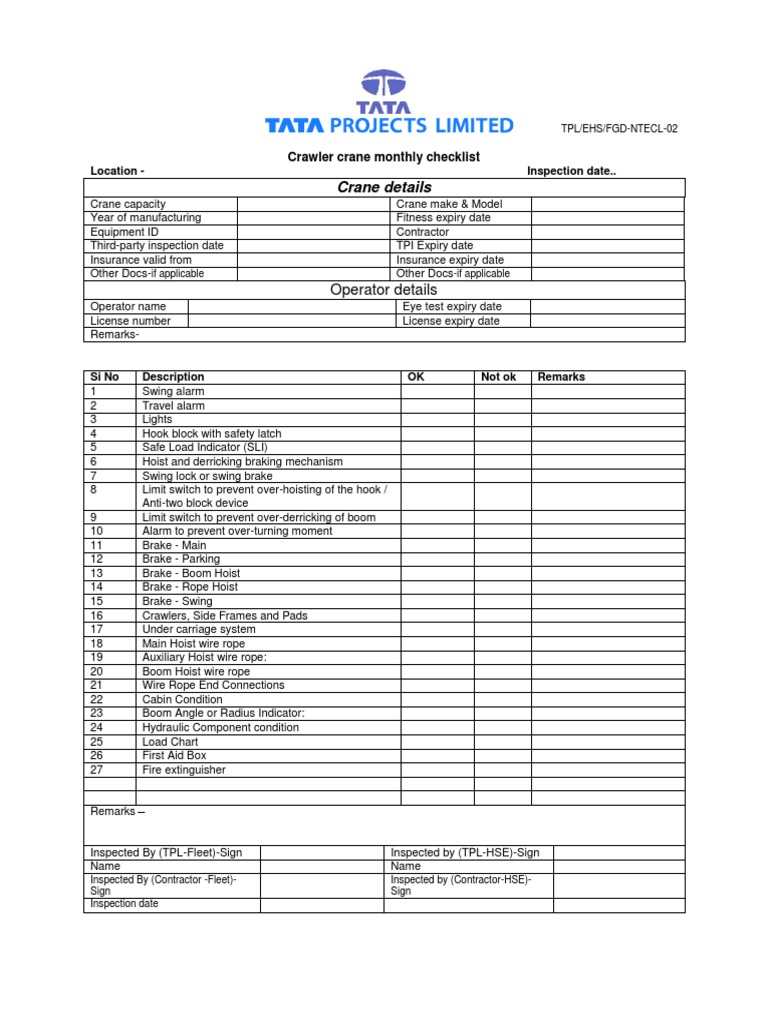 02 Crawler Checklist Monthly Checklist PDF Crane (Machine) Tools