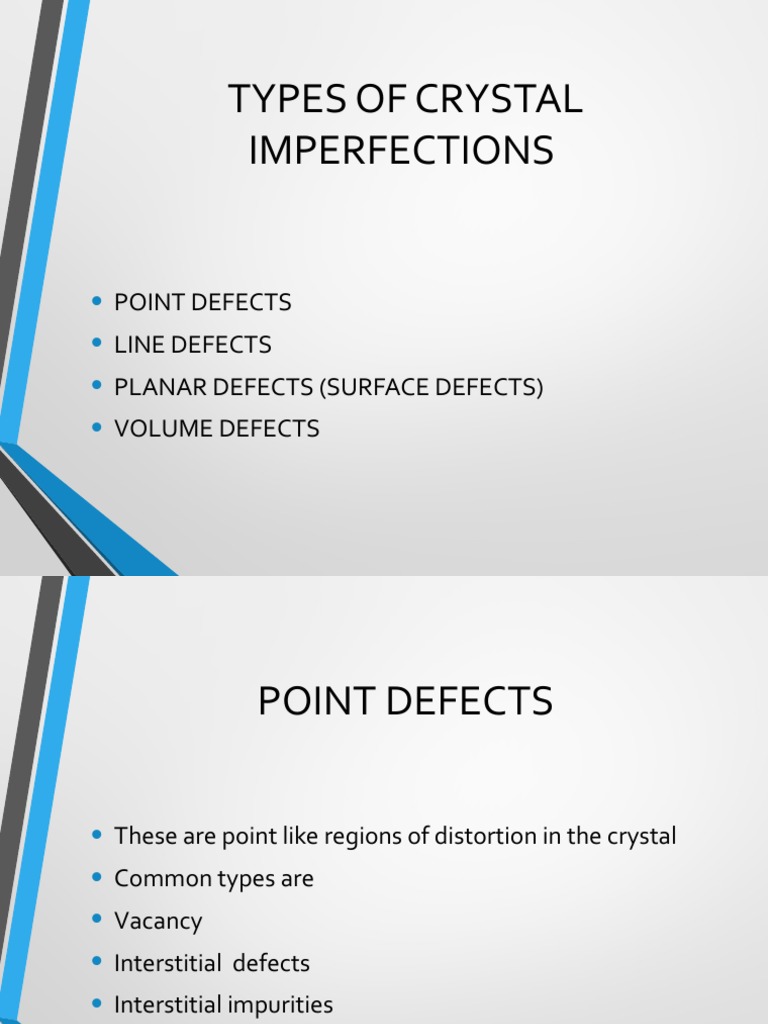 Types of Crystal Imperfections Point Defects Line Defects Planar
