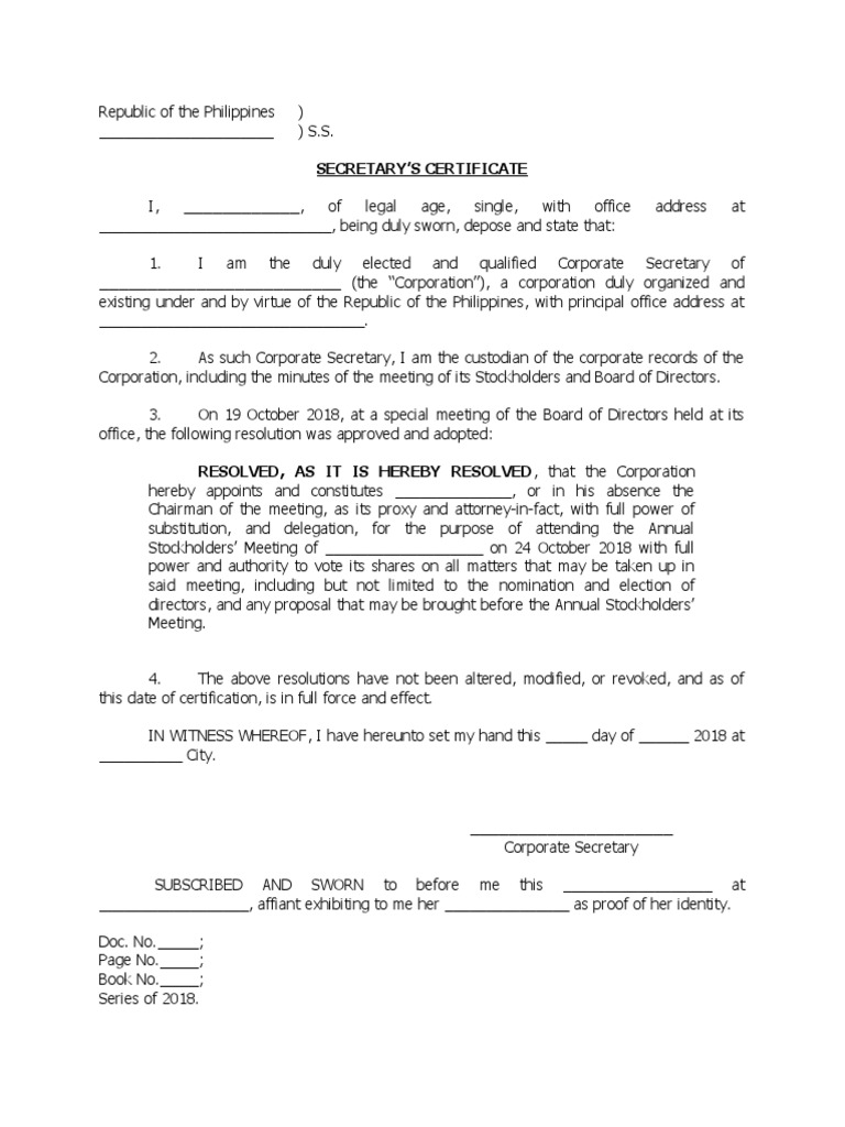 SAMPLE Secretary's Certificate - PROXY | PDF