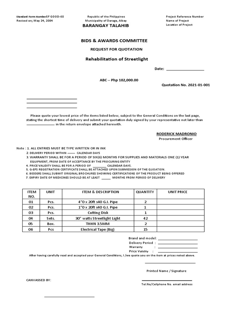 Barangay Talahib Request For Quotation PDF