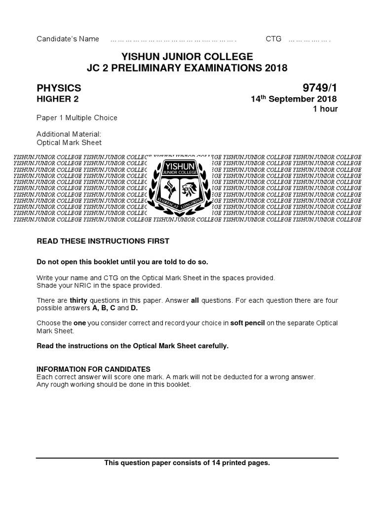 YJC 2018 JC2 Physics Exam Paper 1 | PDF | Gases | Collision