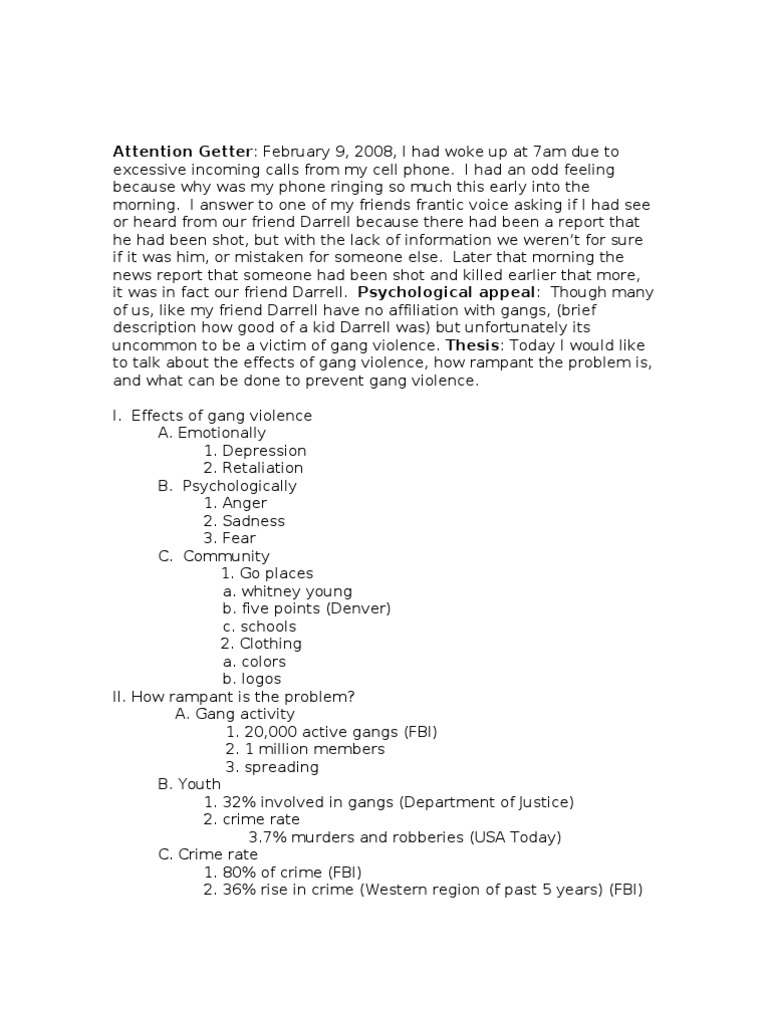 Persuasive Speech PDF Gang Violence