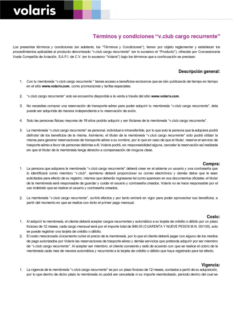 Terminos y Condiciones Vclub Cargo Recurrente Volaris | PDF | Tarjeta de  débito | Tarjeta de crédito