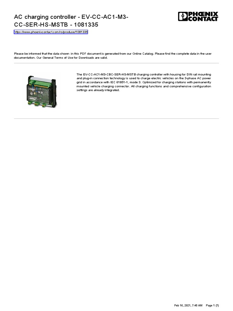 AC Charging Controller - EV-CC-AC1-M3-CC-SER-HS-MSTB - 1081335, PDF, Electrical Engineering