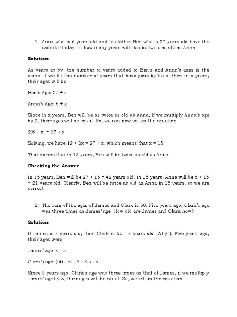 Basic Age Problems With Solutions And Answers Pdf