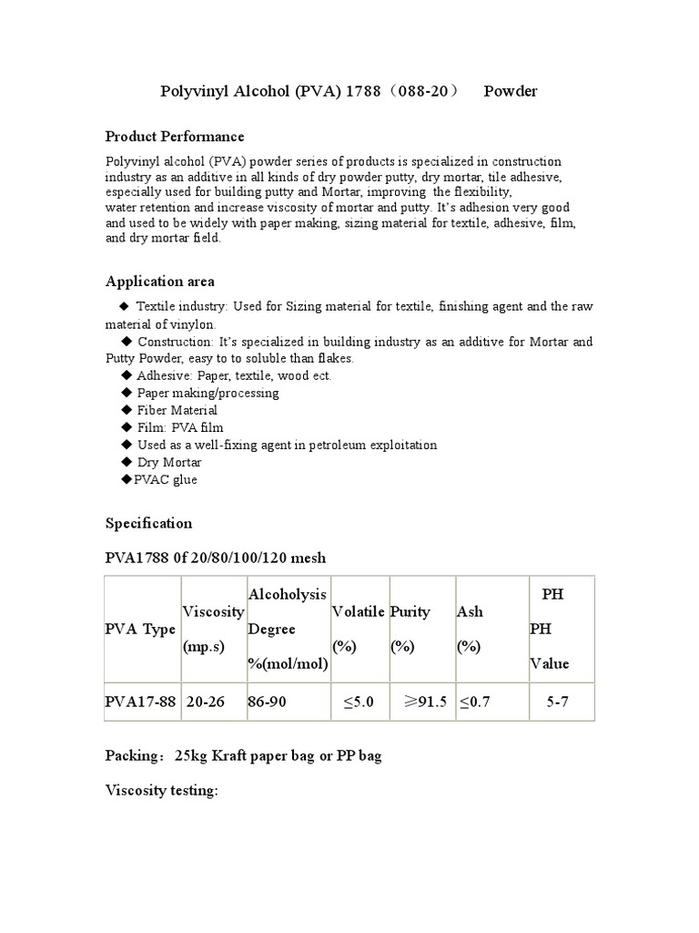 PVA 1788 Powder for Construction Use | PDF