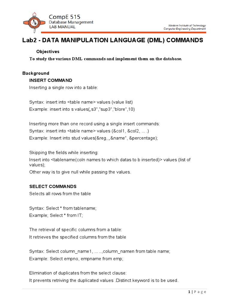 Lab2 - Data Manipulation Language (DML) Commands | PDF | Table ...