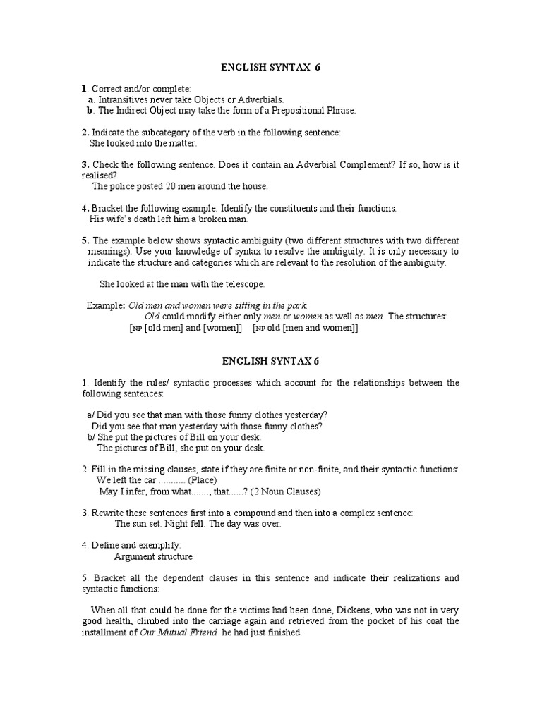 English Syntax Exercises and Analysis | PDF