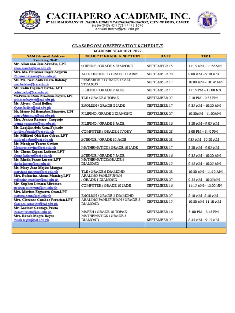 Classroom Observation Schedule 21 22 | PDF