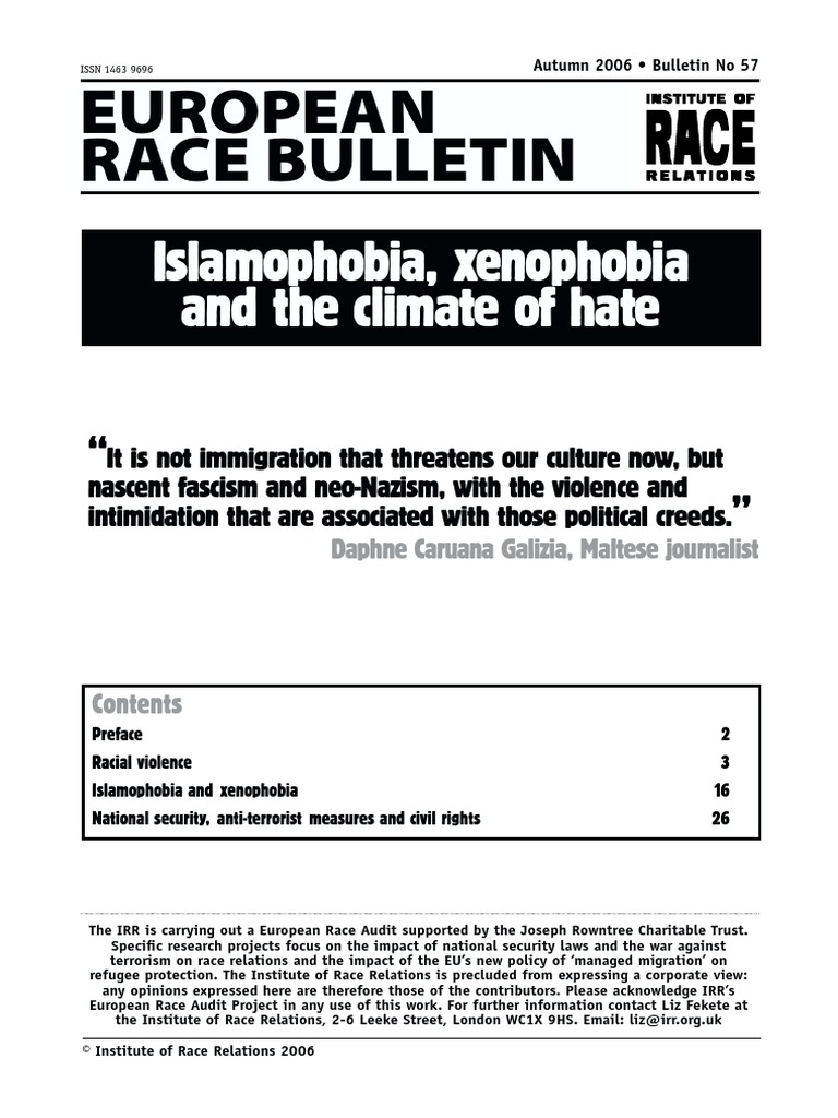 Islamophobia, Xenophobia and The Climate of Hate: European Race ...
