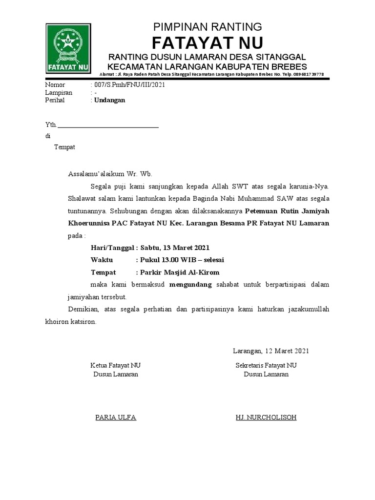 2 Surat Undangan Jamiyahan Rutinan Fatayat | PDF
