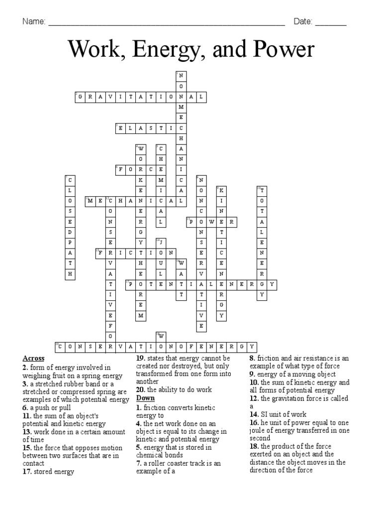 Work Energy and Power Answer Key PDF Potential Energy Force