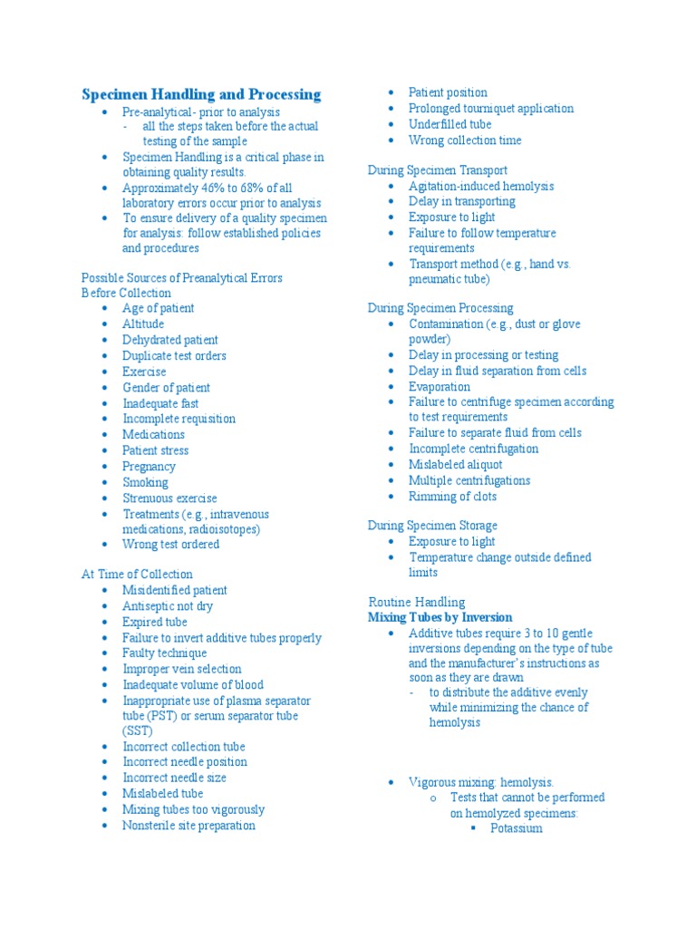 9 Specimen Handling and Processing PDF Blood Plasma Tissue (Biology)