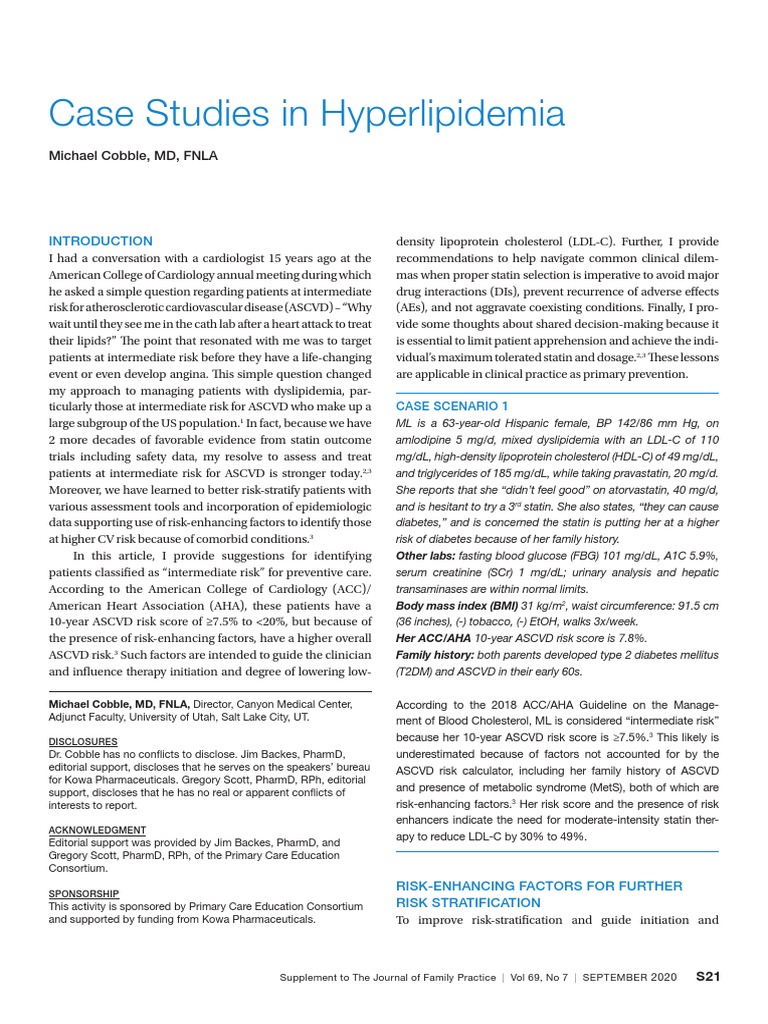 Case Studies in Hyperlipidemia Michael Cobble, MD, FNLA PDF Statin