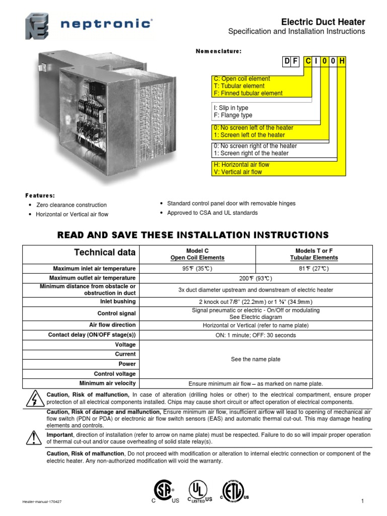Electric Duct Heater: Specification and Installation Instructions | PDF ...