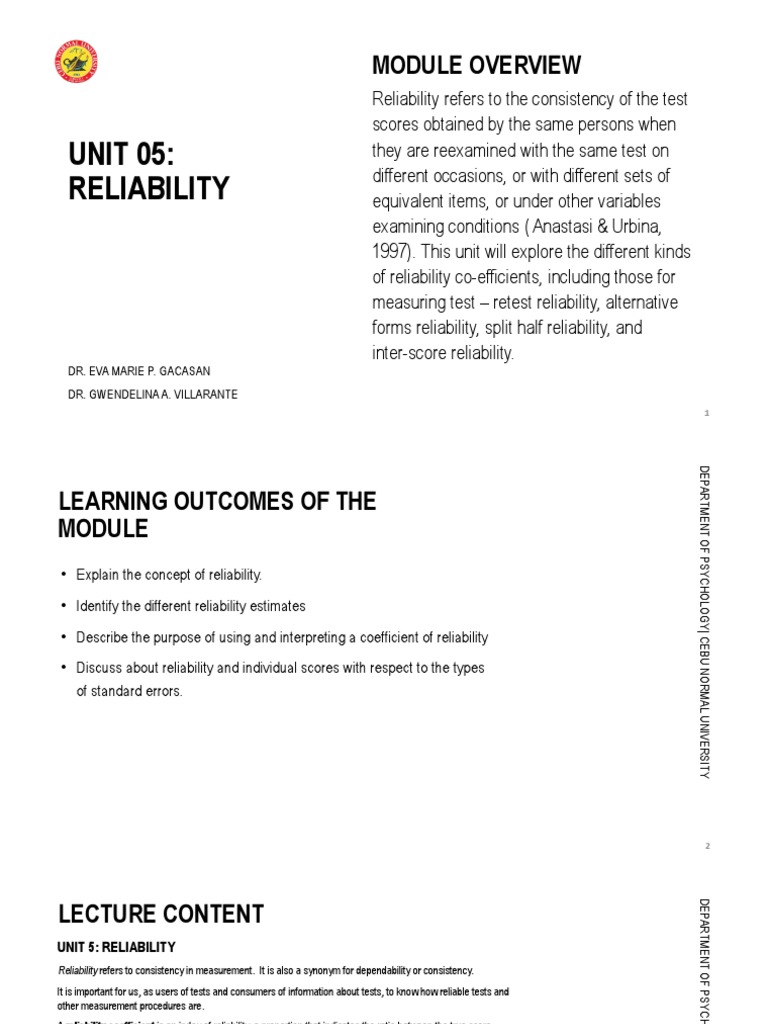 Unit 05 Reliability Module Overview Pdf Evaluation Tests