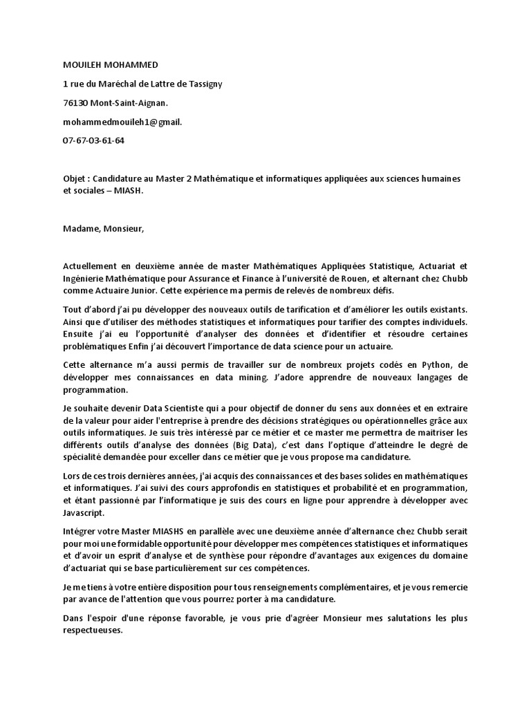 Lettre De Motivation Parcoursup Licence Psychologie Lettre de Motivation MIASHS | PDF | Actuaire | Science et technologie