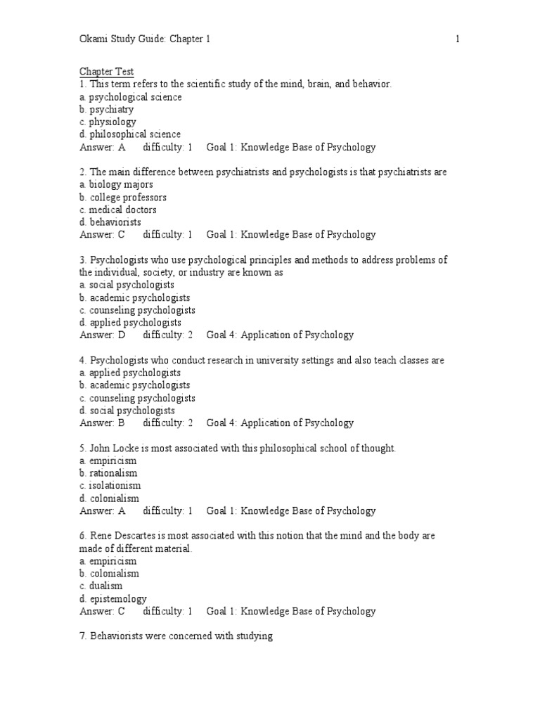 Chapter 1 Psychology Quiz Guide | PDF | Psychology | Science