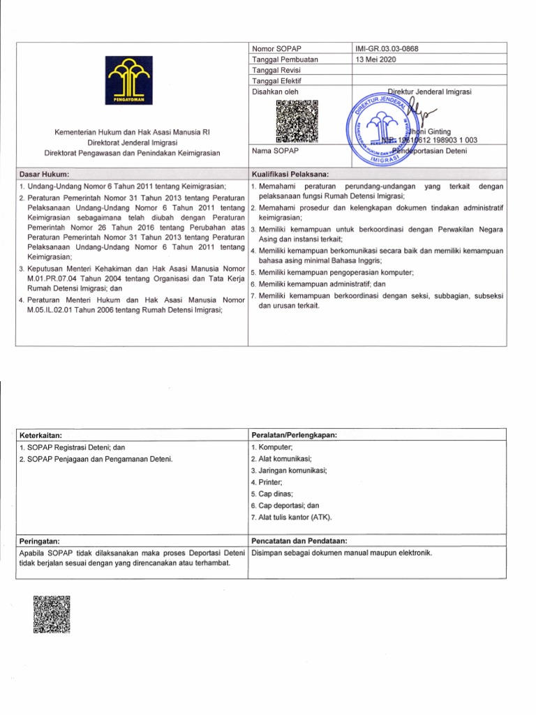 SOPAP Ditjenim 2020 - Pendeportasian Deteni | PDF