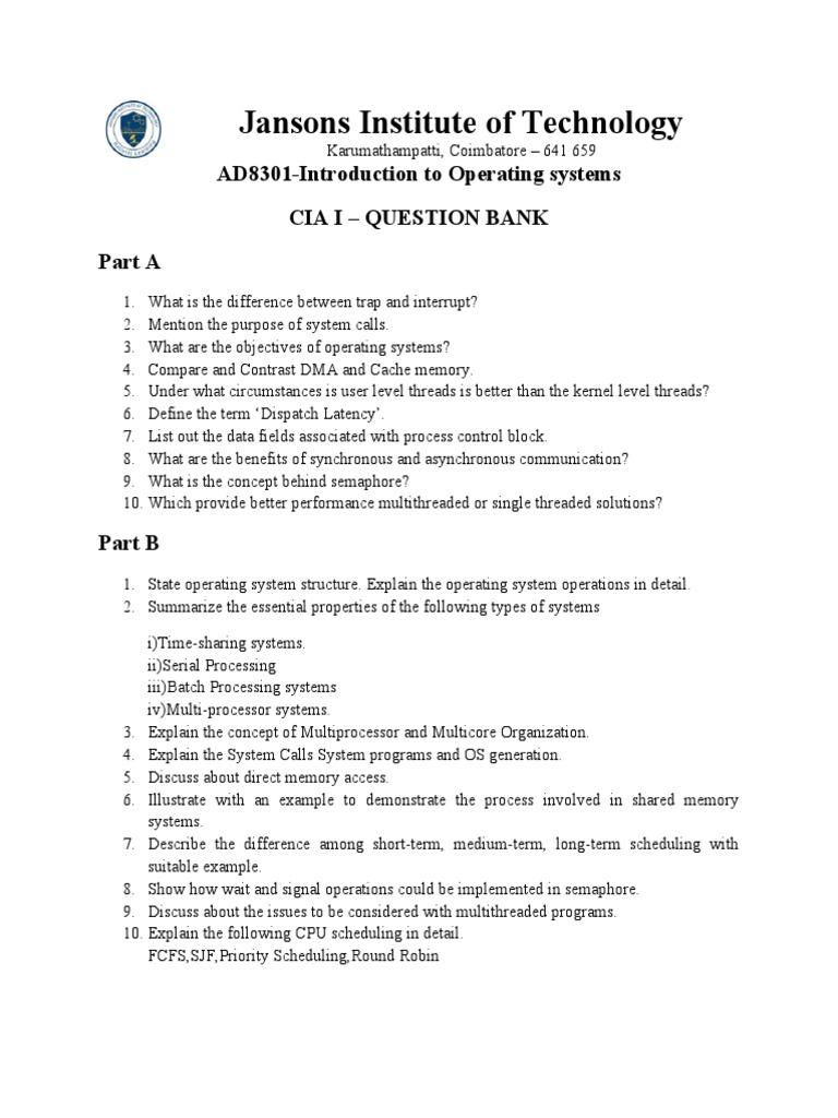 CIA I Operating Systems Question Bank | PDF