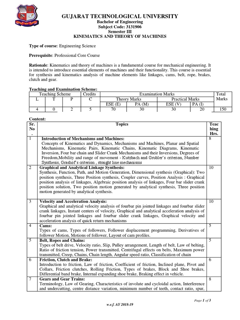 Kinematics and Theory of Machines Syllabus | PDF | Machines | Kinematics