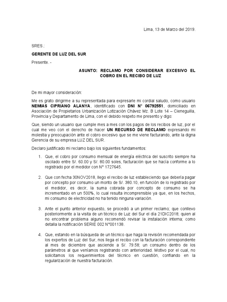 Reclamo por cobros excesivos en recibos de luz debido a posible ...
