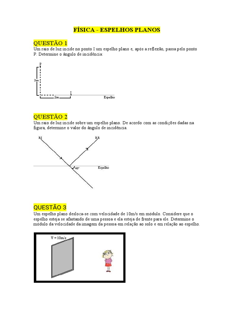 Exercícios sobre Espelhos Planos | PDF | Métodos e Materiais de Ensino ...