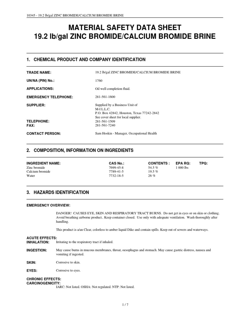 Material Safety Data Sheet 19.2 Lb/Gal Zinc Bromide/Calcium Bromide