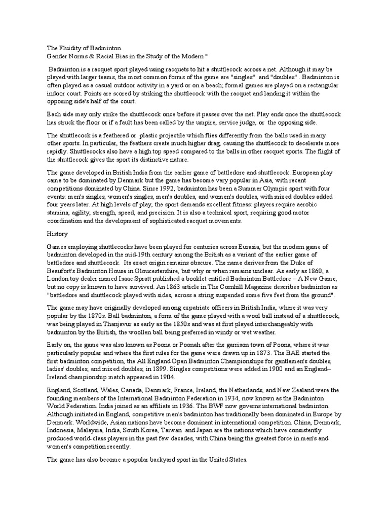 Badminton Essay PDF Racquet Sports