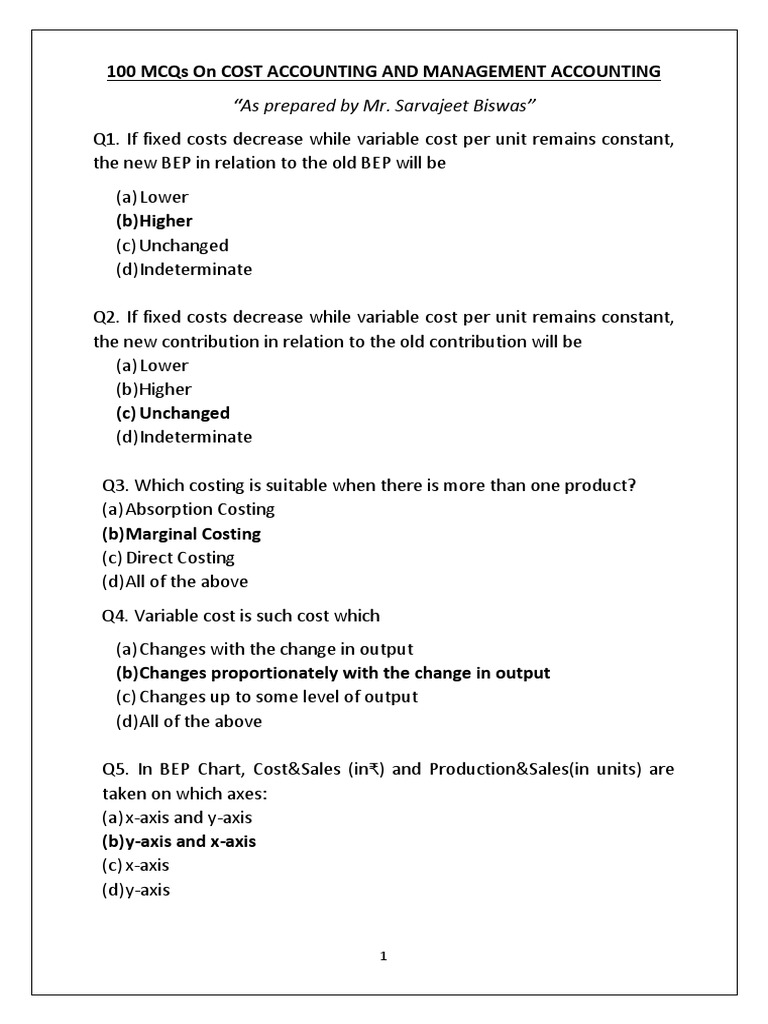 100 Mcqs On Cost Accounting and Management Accounting "As Prepared by