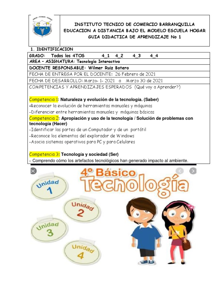 GUIA DE APRENDIZAJE No 1 Primer Periodo TECNOLOGIA WILMER RUIZ GRADO 4 ...