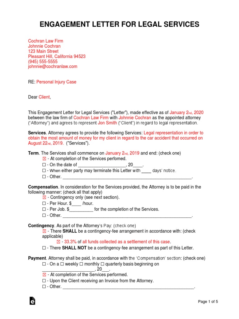 Lawyer Attorney Engagement Letter Sample | PDF | Indemnity | Insurance