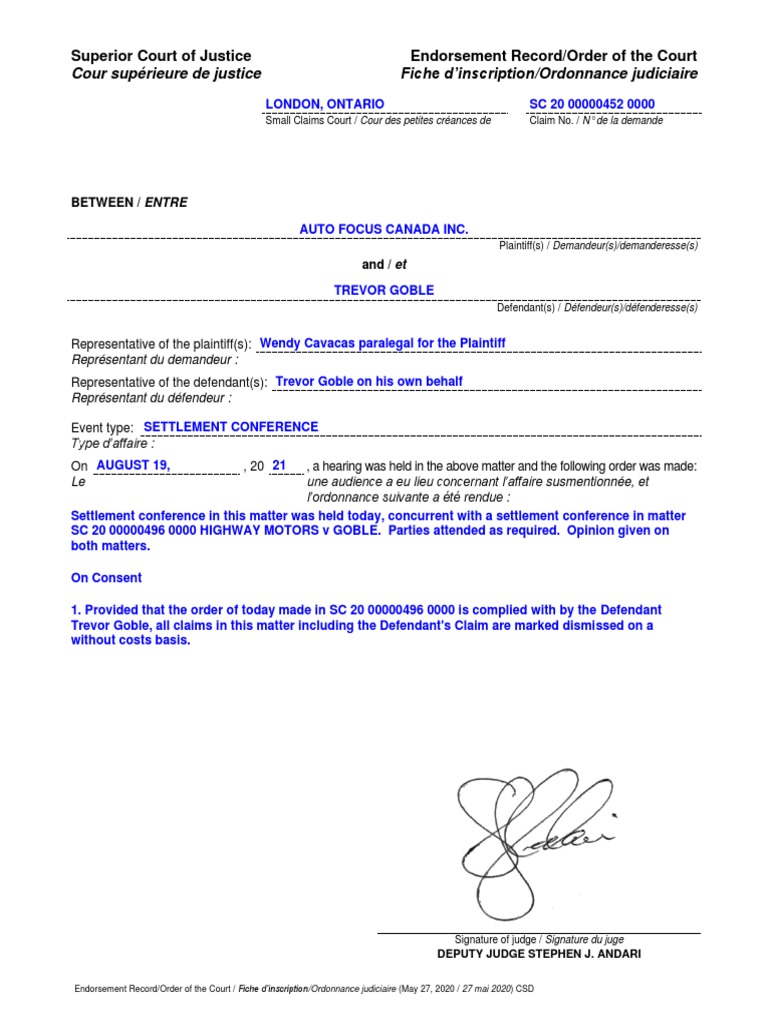 Court Order - Auto Focus Canada, Inc. v. Trevor Goble | PDF