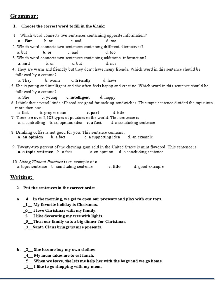 Essential 2 Quiz 2 - Answer Key | PDF | Sentence (Linguistics) | Clause