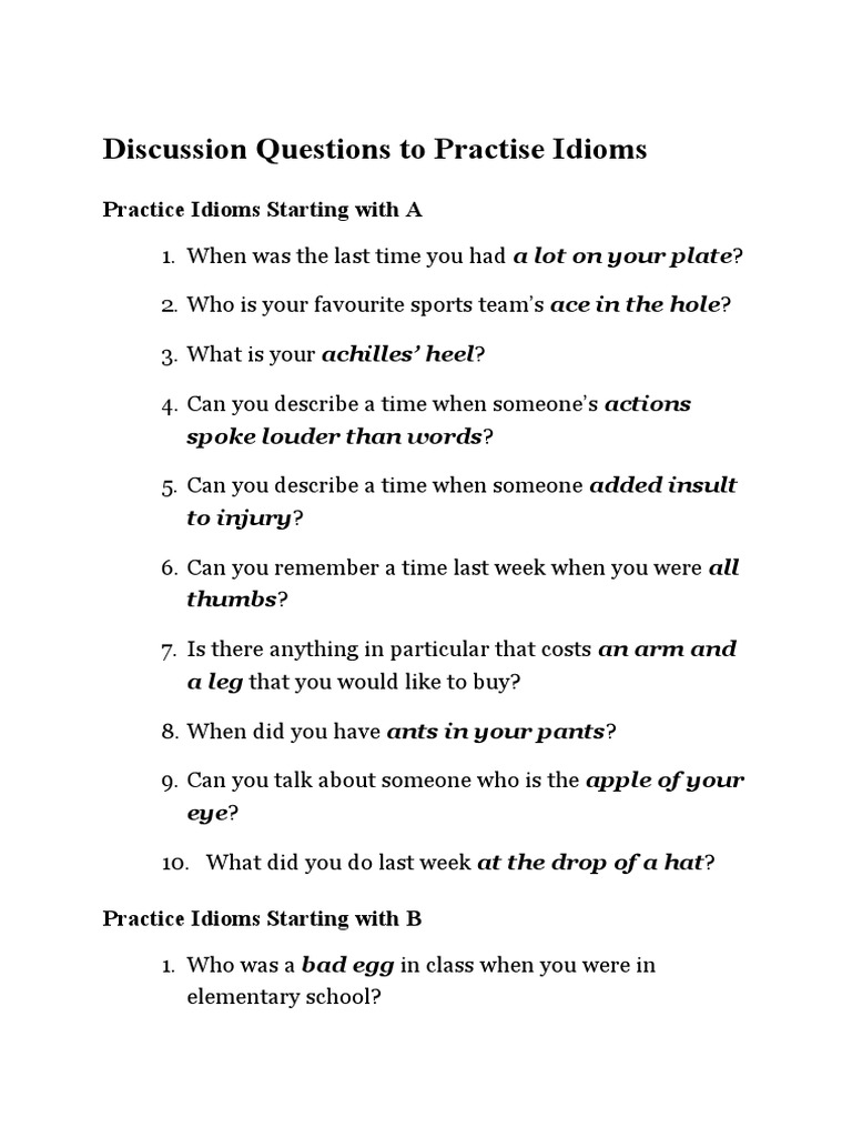 Idiom Practice Discussion Questions | PDF
