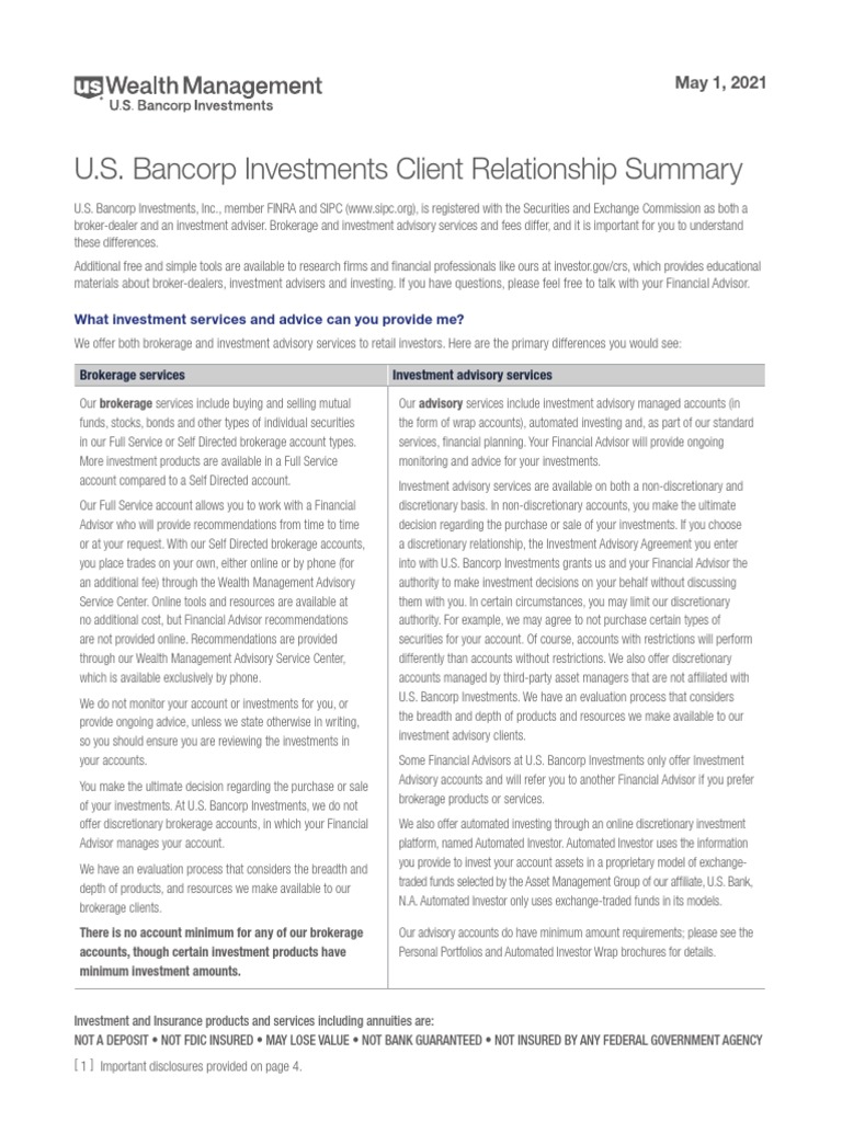 U.S. Bancorp Investments Client Relationship Summary: What Investment ...