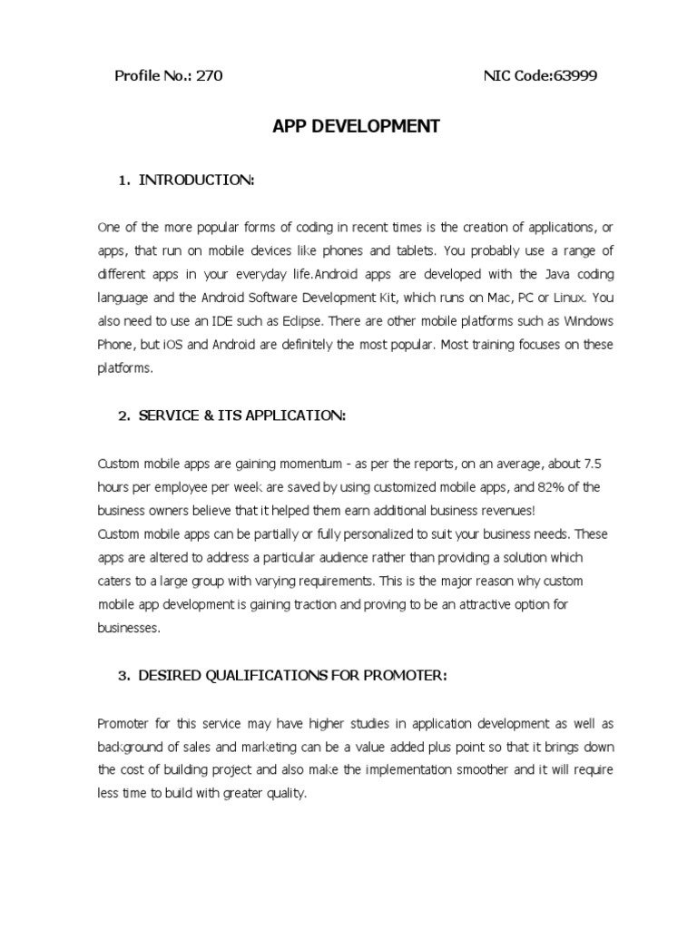 App Development: Profile No.: 270 NIC Code:63999 | Download Free PDF ...