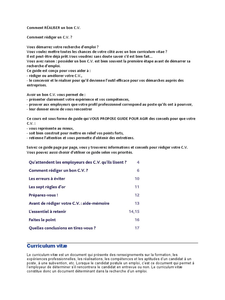 Guide pour rédiger un bon C.V. | PDF | Impression