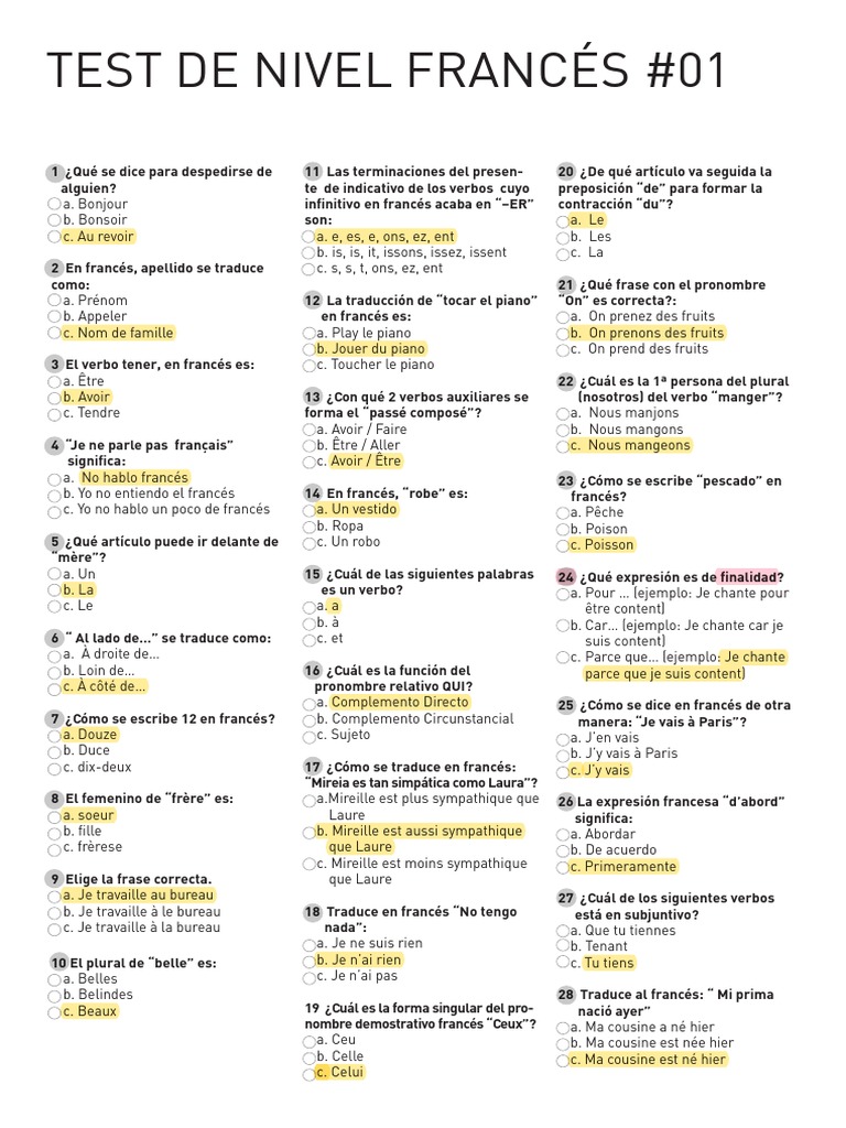 Test Nivel Frances | PDF | Verbo | Oración (Lingüística)