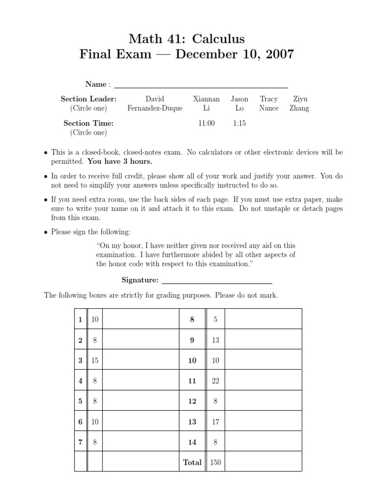 Math 41: Calculus Final Exam - December 10, 2007 | PDF | Integral ...