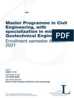 Master Programme in Civil Engineering, With Specialization in Mining and Geotechnical Engineering