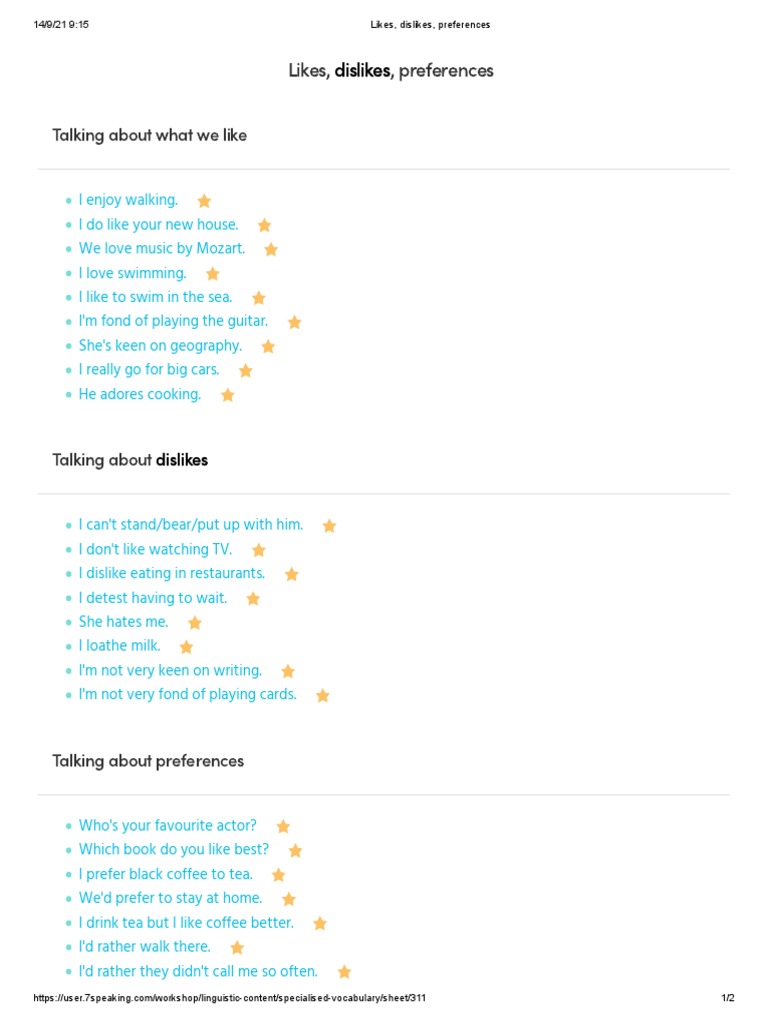 Understanding Likes and Dislikes in English | PDF | Language Arts ...