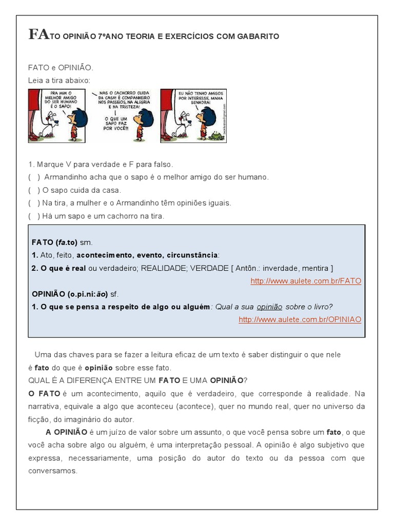 Fato Opinião 7ºano Teoria e Exercícios Com Gabarito | PDF | Poesia ...
