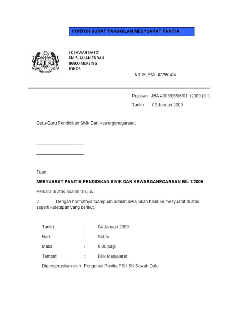 Contoh Format Surat Panggilan Mesyuarat