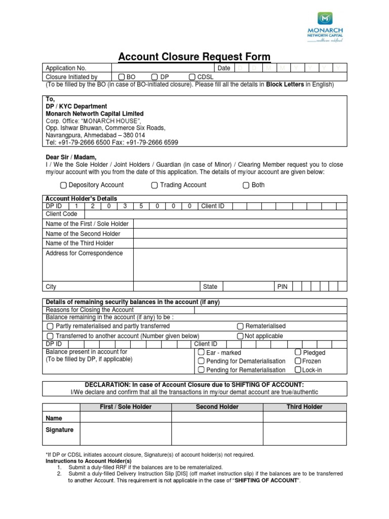 Demat Account Closure Request Form | PDF | Financial Services