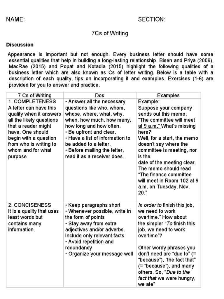 Name: Section: 7Cs of Writing: Discussion | PDF | Email Spam | Instant ...