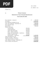 A. Masay Company Statement of Cost of Goods Manufactured Year Ended XX 2020