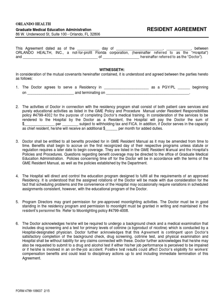 Resident Contract 2018 PDF Indemnity Physician